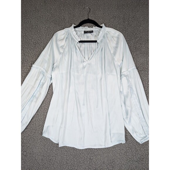 Lane Bryant Plus Size Top Blue Size 14/16 V-Neck Ties Peasant Ruffles Pleated - Picture 2 of 12